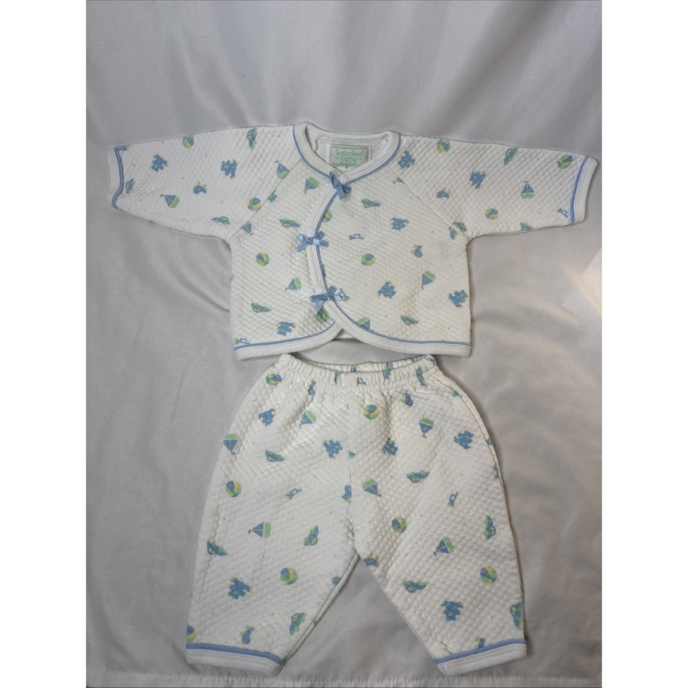 Vtg Welcome Baby 2 Pc Quilted Set 0-3 Months Boy Take Me Home Outfit White‎ Blue